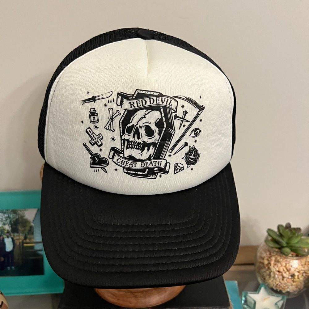 NWOT Red Devil Cheat Death SnapBack trucker hat.